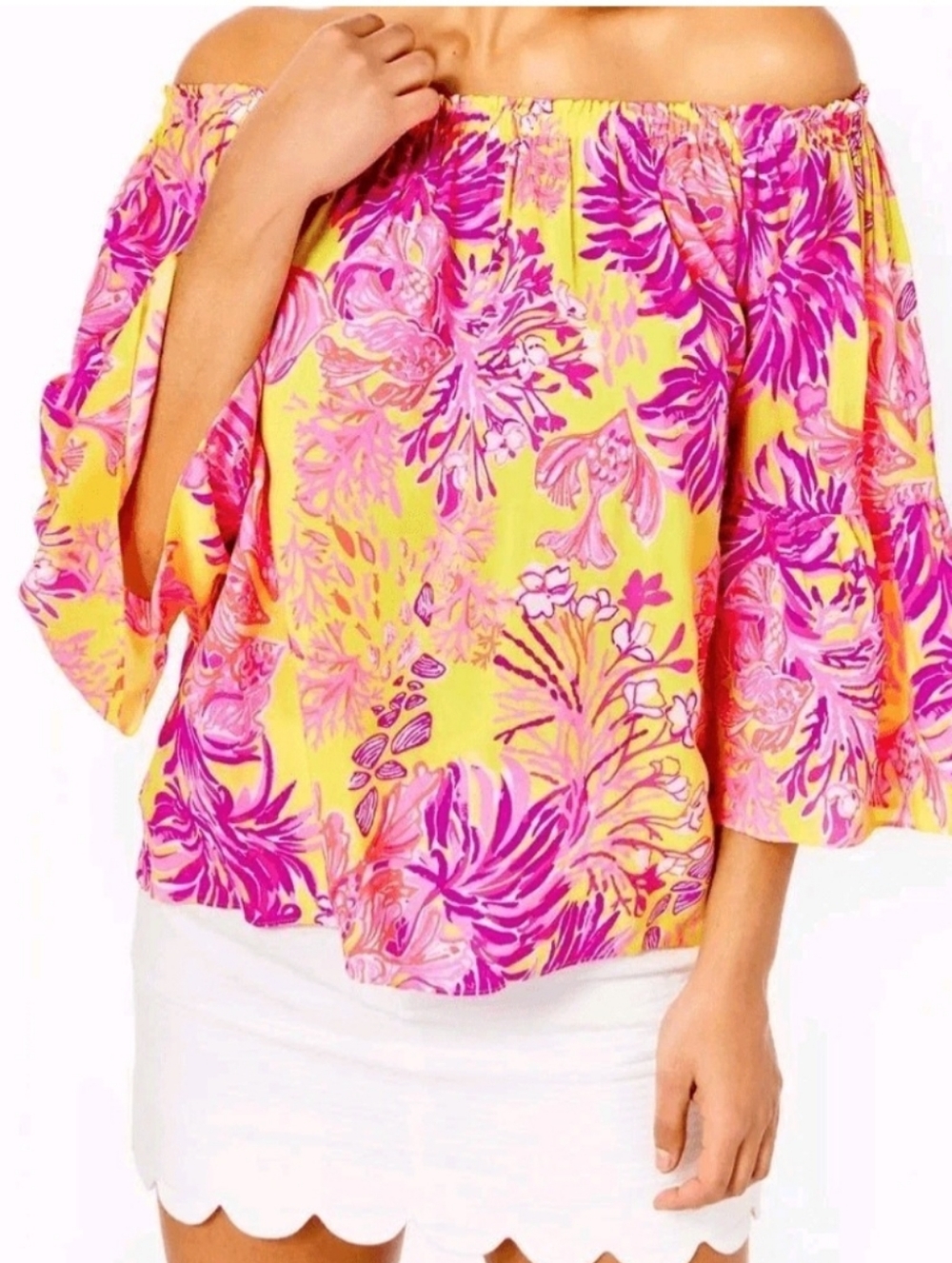 Lilly Pulitzer Nevie Off The Shoulder Long Sleeve Calla Yellow Floral Coral XS